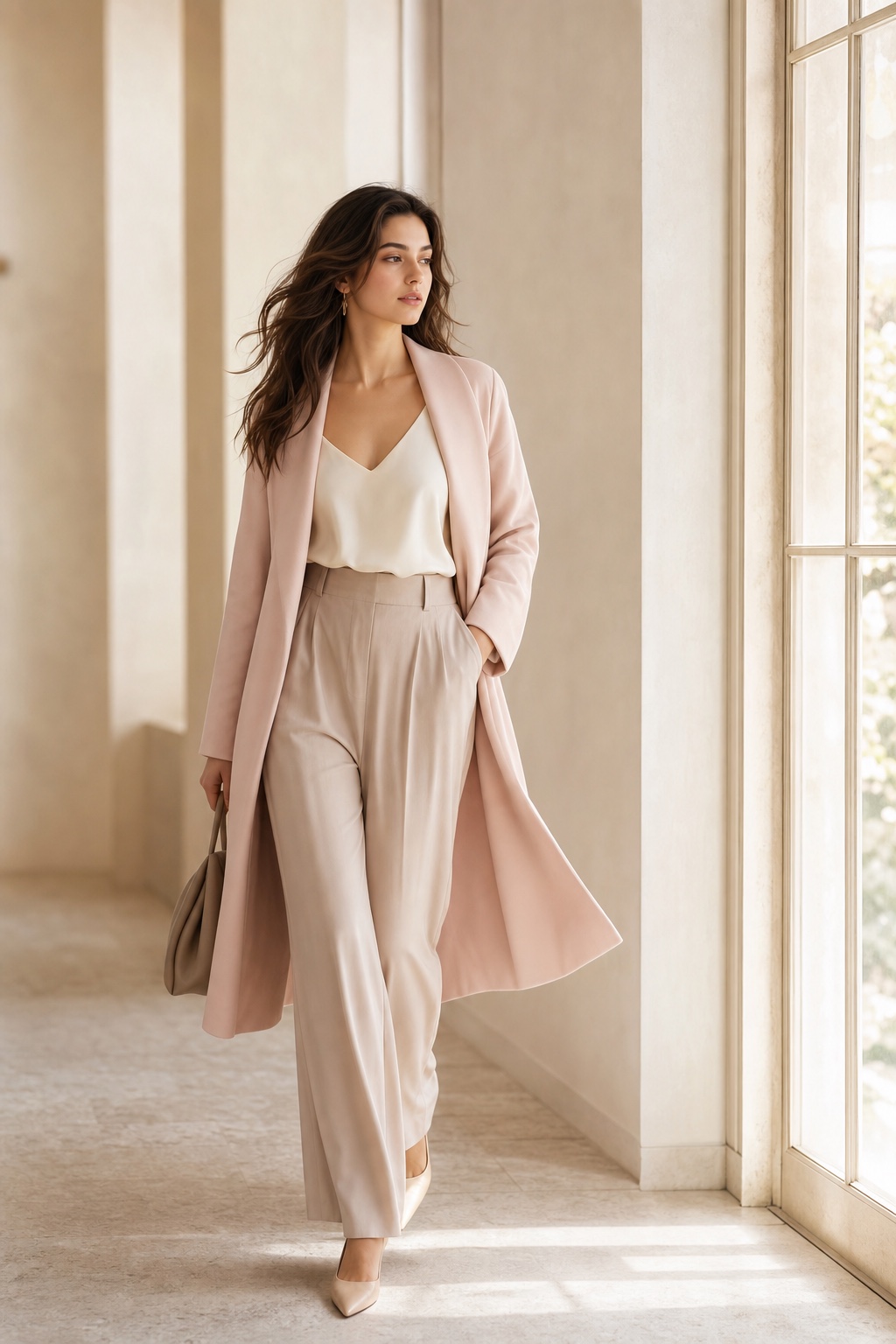 Editorial fashion look in soft neutral tones